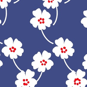 Cosmos Showers Big White Flowers On Navy Blue With Bright Red Cute Mountain Blooms Retro Mid-Century Modern Cottagecore Grandmillennial Floral Scandi Garden Minimalist Wildflower Ditzy Red, White And Blue Independence Day 4th Of July Silhouette Vintage R