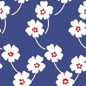 Cosmos Showers White Flowers On Navy Blue With Bright Red Cute Mountain Blooms Retro Mid-Century Modern Cottagecore Grandmillennial Floral Scandi Garden Minimalist Wildflower Ditzy Red, White And Blue Independence Day 4th Of July Silhouette Vintage R