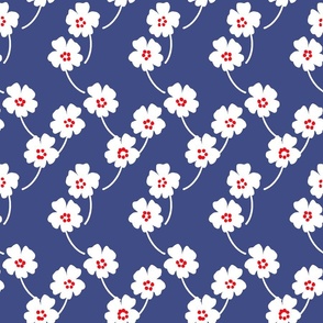 Cosmos Showers Mini White Flowers On Navy Blue With Bright Red Cute Mountain Blooms Retro Mid-Century Modern Cottagecore Grandmillennial Floral Scandi Garden Minimalist Wildflower Ditzy Red, White And Blue Independence Day 4th Of July Silhouette Vintage R