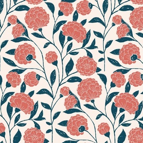 block print inspired hand drawn climbing florals-peonies in blue red on cream (M)