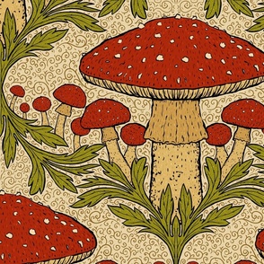 24" Red Mushrooms and Acanthus Trellis - Vintage Damask
