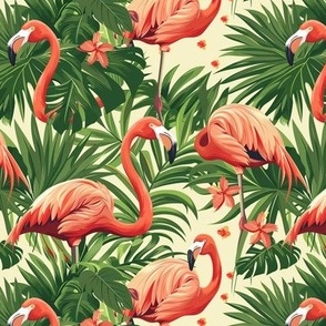 Tropical Flamingo in the Palms Wallpaper Fabric Pattern Design