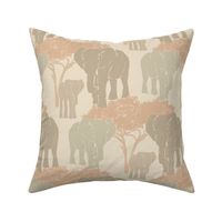   Savannah Serenade: textured  Elephants and Trees Under the Night Sky, light green-orange, large