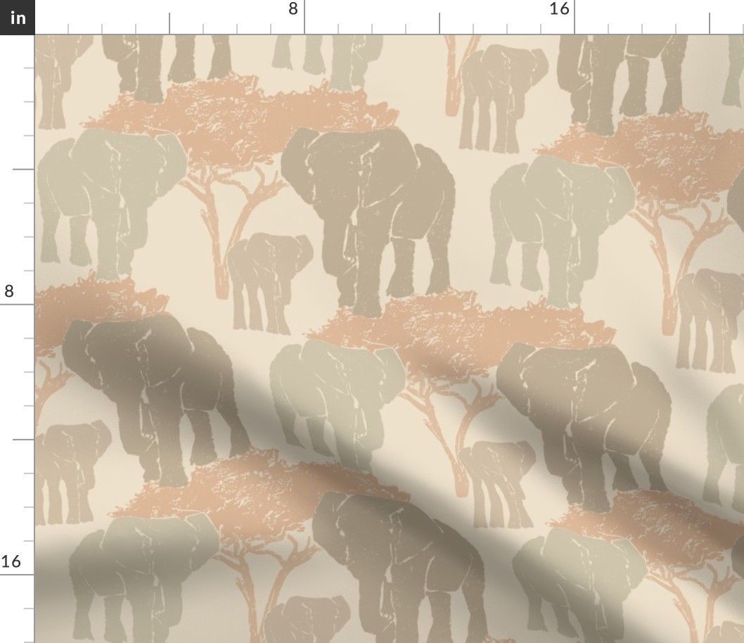   Savannah Serenade: textured  Elephants and Trees Under the Night Sky, light green-orange, large