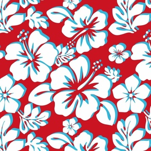 SURFER RED, AQUA OCEAN BLUE AND WHITE HAWAIIAN FLOWERS SMALL SCALE