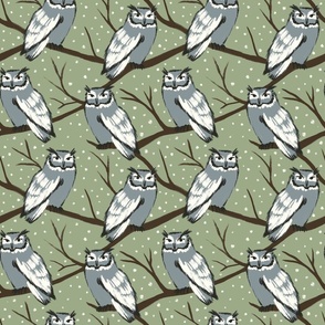 Grey Owls on Branches on Green Background