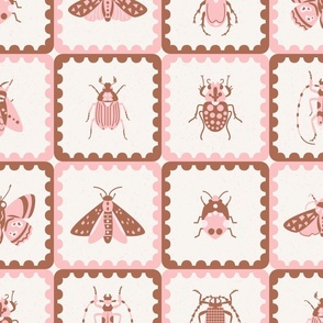 retro insects scalloped tiles l pink brown l large