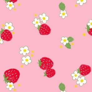 Strawberries and white flowers on pink tea towel