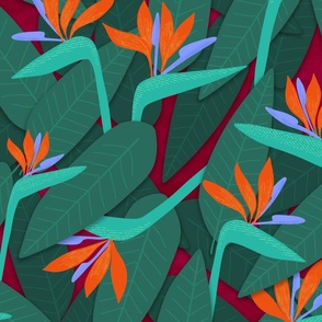 big// Birds of Paradise Flowers and leaves Orange, Violet and Burgundy