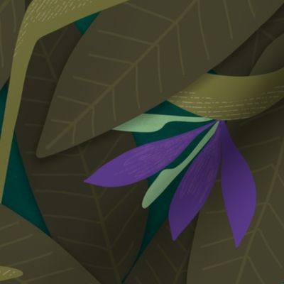 medium// BBirds of Paradise Flowers and leaves Green Olive and violet