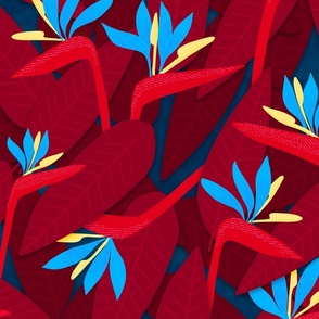 medium// BBirds of Paradise Flowers and leaves Red and Blue
