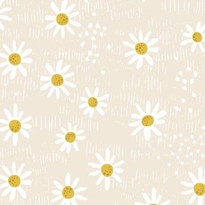 (Large) Ditsy Summer Daisies Toss on Textured, Striped Backround - Barely There Beige