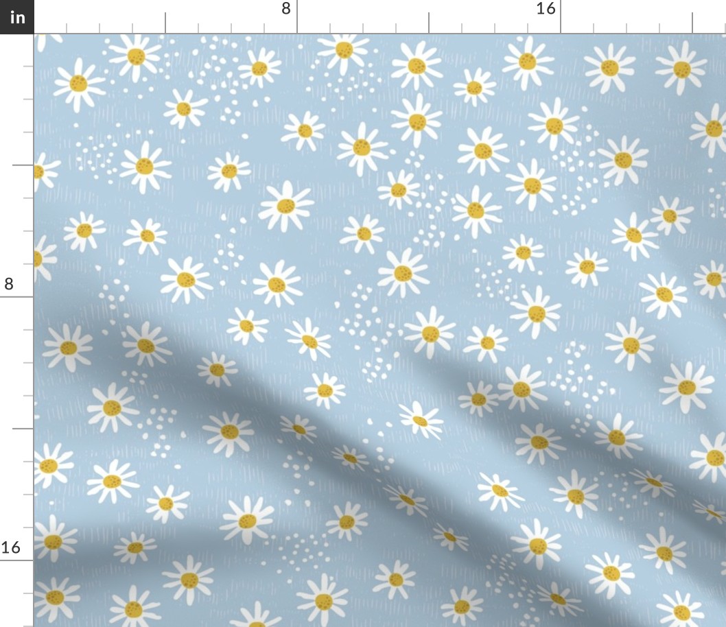 (Large) Ditsy Summer Daisies Toss on Textured, Striped Backround - Light Sky Blue