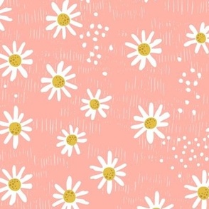 (Large) Ditsy Summer Daisies Toss on Textured, Striped Backround - Feminine Blush Pink