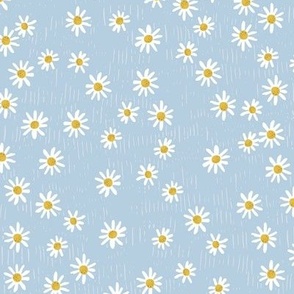(Small) Ditsy Summer Daisies Toss on Textured, Striped Backround - Light Sky Blue