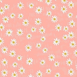 (Small) Ditsy Summer Daisies Toss on Textured, Striped Backround - Feminine Blush Pink