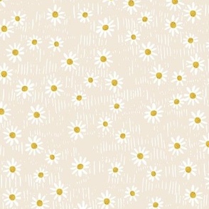 (Small) Ditsy Summer Daisies Toss on Textured, Striped Backround - Barely There Beige