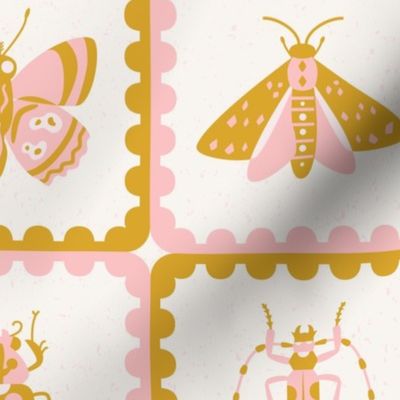 retro insects scalloped tiles l pink gold l large