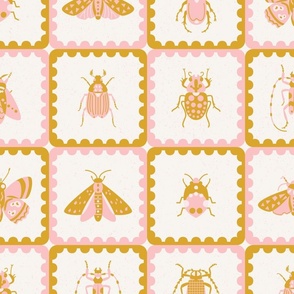 retro insects scalloped tiles l pink gold l large