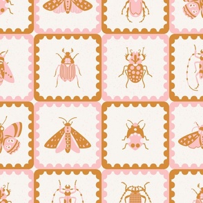 retro insects scalloped tiles l pink red l large