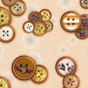 12” repeat Patterned vintage scattered buttons on whispy flowers with faux woven burlap texture on linen