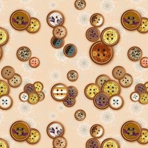 6” repeat Patterned vintage scattered buttons on whispy flowers with faux woven burlap texture on linen