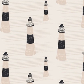  Lighthouse Solace Amidst the Mist ,Textured lighthouses and seaside, cream -dark blue