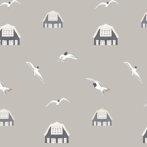  Long Island Coastal Cottages and Soaring Seagulls, textured, grey-blue