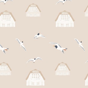  Long Island Coastal Cottages and Soaring Seagulls, textured, neutral colors 