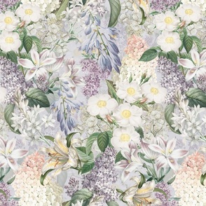 Embrace an Enchanting Spring And Summer Romance: Maximalism Moody Florals, Vintage Exotic Flowers, Lilacs  and Nostalgic Wildflowers in Antiqued Garden, Enhanced by White Roses, Hydrangea and Victorian  Lilies Mystic-Inspired Powder Room Wallpaper grey