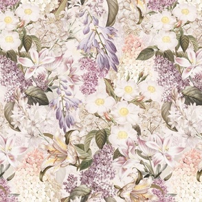 Embrace an Enchanting Spring And Summer Romance: Maximalism Moody Florals, Vintage Exotic Flowers, Lilacs  and Nostalgic Wildflowers in Antiqued Garden, Enhanced by White Roses, Hydrangea and Victorian  Lilies Mystic-Inspired Powder Room Wallpaper warm of
