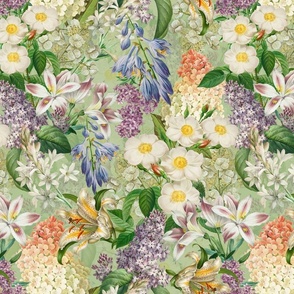 Embrace an Enchanting Spring And Summer Romance: Maximalism Moody Florals, Vintage Exotic Flowers, Lilacs  and Nostalgic Wildflowers in Antiqued Garden, Enhanced by White Roses, Hydrangea and Victorian  Lilies Mystic-Inspired Powder Room Wallpaper spring 