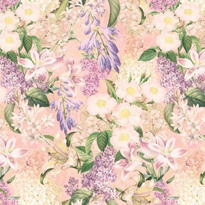 Embrace an Enchanting Spring And Summer Romance: Maximalism Moody Florals, Vintage Exotic Flowers, Lilacs  and Nostalgic Wildflowers in Antiqued Garden, Enhanced by White Roses, Hydrangea and Victorian  Lilies Mystic-Inspired Powder Room Wallpaper warm pe