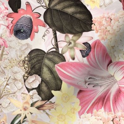 Embrace an Enchanting Opulent Spring And Summer Romance: Maximalism Moody Florals, Vintage Exotic Pink Flowers, Passionflowers and Nostalgic Wildflowers in Antiqued Garden, Enhanced by White Hydrangea and Victorian  Lilies Mystic-Inspired Powder Room Wall