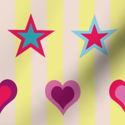 Pop Art - Stars and Hearts on Lemon and Cream Stripes - Circus Big Top - Medium