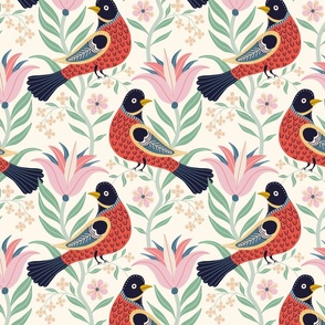 Early American bird with flowers xs red