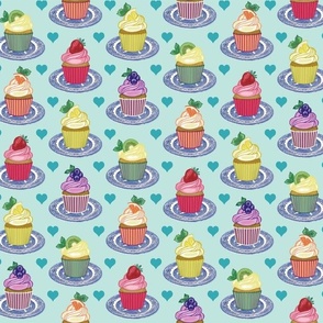 Retro Modern Cute Cupcakes - Fruit - Small Cakes - Patisserie Products - Vintage China Plates - on Peppermint Gtreen