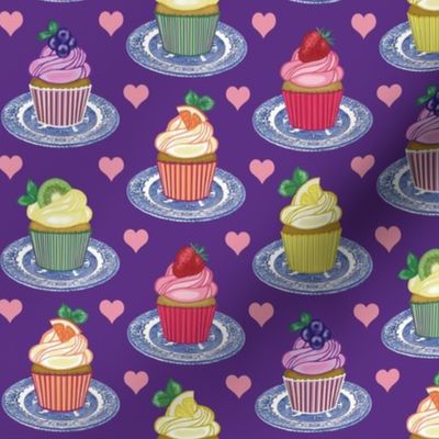 Small Fruit Cupcakes -  Sweet Bakery Treats - Kitschy Kitchen - Vintage China - on Purple 