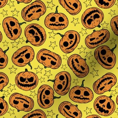 (Small) Retro Cartoon Style Halloween Pumpkins Yellow Background