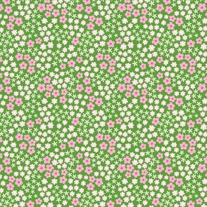 Pink Ditsy Blossoms on Green Floral Print - Small 7” repeat - Spring Quilting Fabric