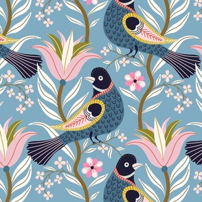Early american bird with flowers blue small