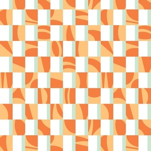Vibrant Abstract Mod Checkerboard Pattern in Retro Style in Orange and Mint
