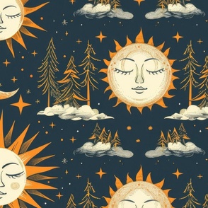 Retro Boho Sun Sleeping in the Clouds Among the Stars