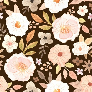 Jumbo | Watercolor Floral Cream Blush Peony with Brown Background Boho Fall Autumn