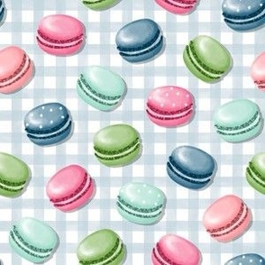 (XS) Sweet Macaron Treats Multi Color in Blue Plaid Background