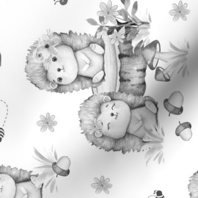 Floral Woodland Animals Baby Hedgehogs Ladybugs Bees Nursery Gray Rotated