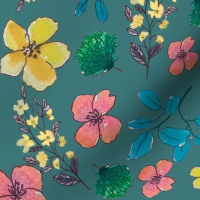 Watercolor wild florals -Dark teal