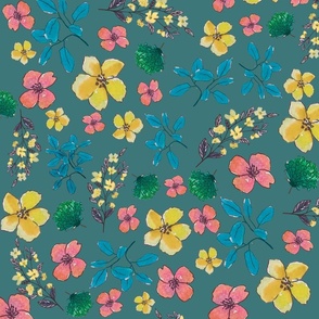 Watercolor wild florals -Dark teal