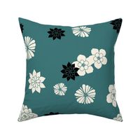 44- Black and white floral pattern on dark Teal