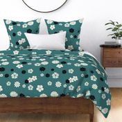 44- Black and white floral pattern on dark Teal
